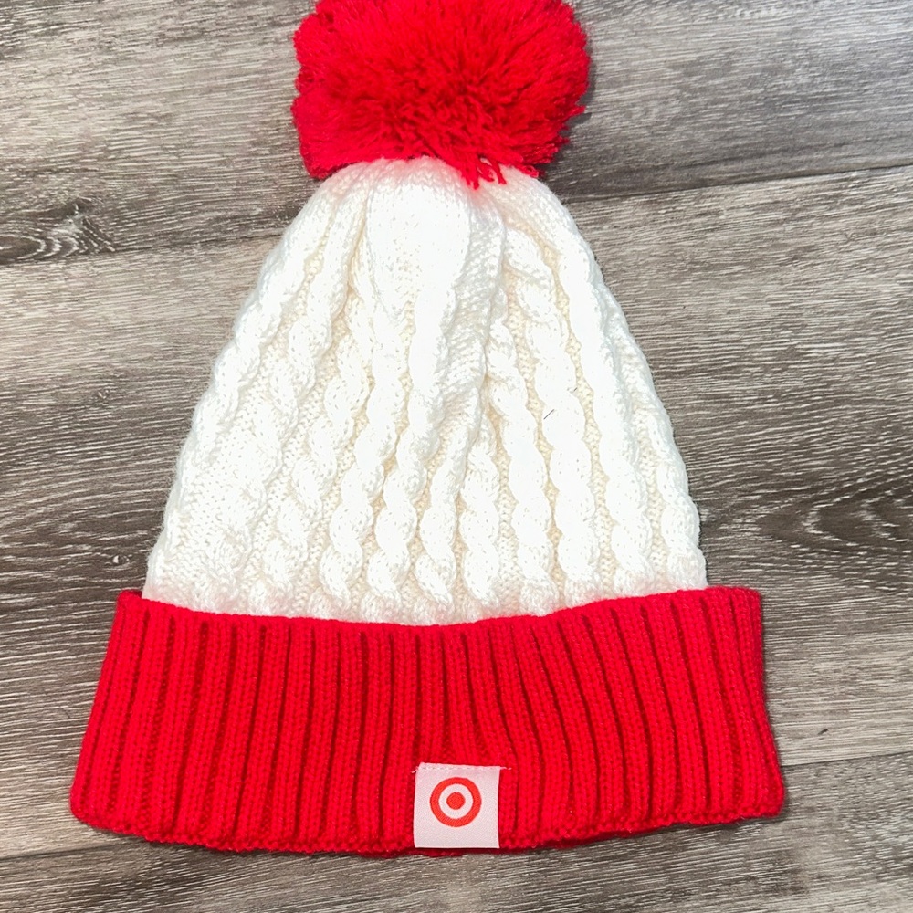 Target Red and White Pom-Pom Beanie